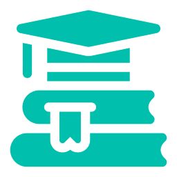 A teal icon of two stacked books with a bookmark in one and a graduation cap resting on top, symbolizing the journey from learning to becoming a veterinarian.