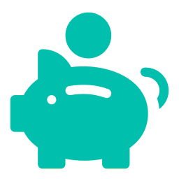 A teal piggy bank icon, resembling a vet-related design, with a coin being inserted into the slot on its back.