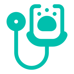 A teal-colored stethoscope icon featuring a central paw print, symbolizing veterinarian care and pet health services.