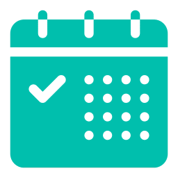 Icon of a teal calendar with a veterinarian's check mark on the left page and rows of dots representing dates on the right.