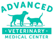 Logo for Advanced Veterinary Medical Center featuring teal silhouettes of a dog and cat above the center's name in bold text, showcasing its expert veterinarian care.