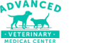 Logo of Advanced Veterinary Medical Center featuring silhouettes of a dog and a cat above the text. The logo also includes AAHA accreditation on the right side. The color scheme is turquoise and white.