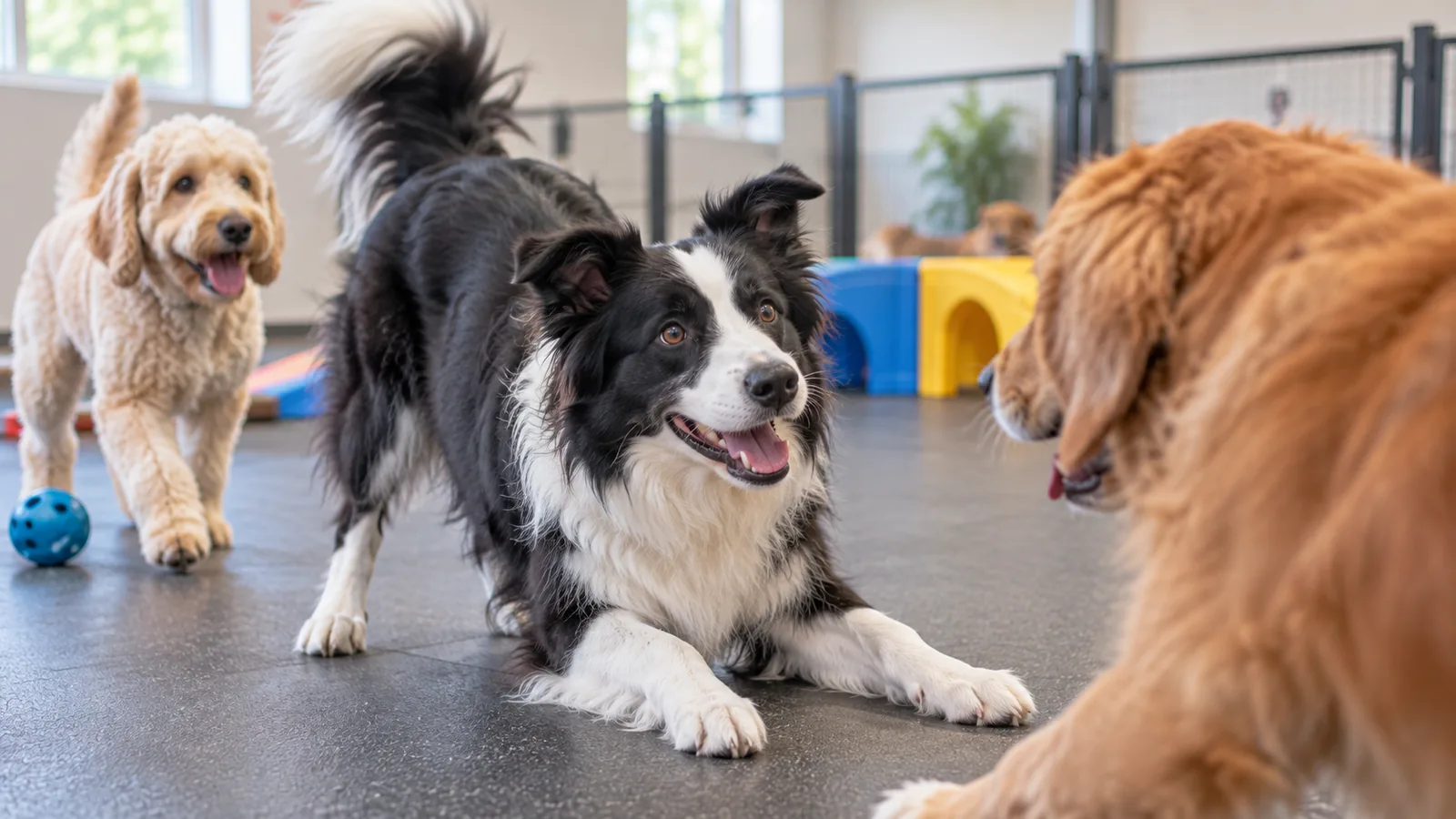 Three dogs in an indoor daycare playroom, a border collie in a play bow between two golden-coated dogs.