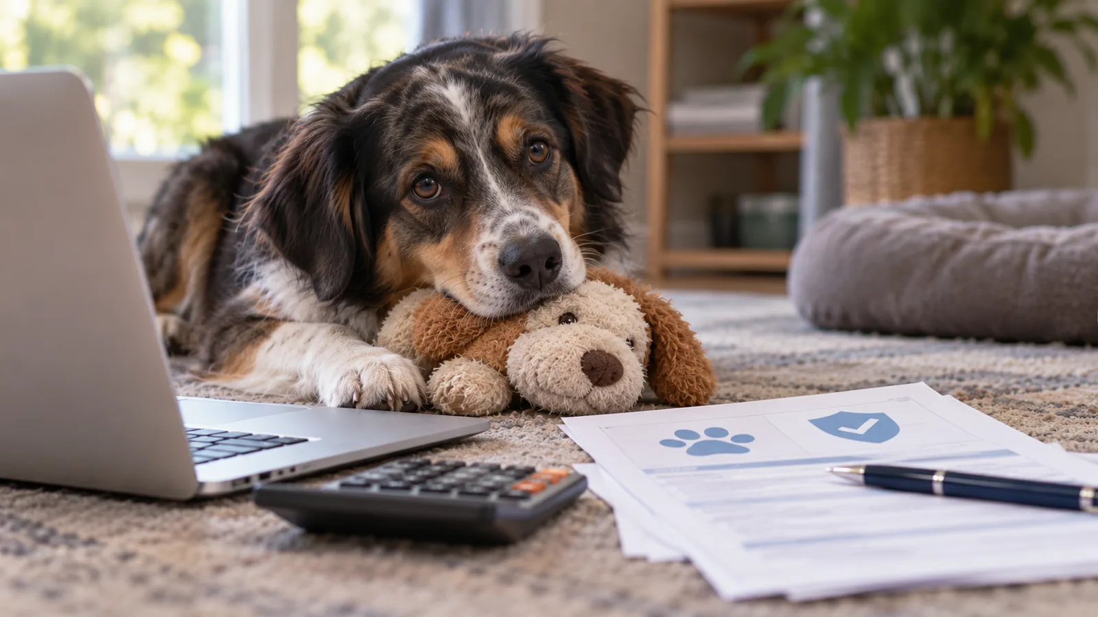A tricolor herding dog lying on a rug with a plush toy, beside a laptop, calculator and paperwork.