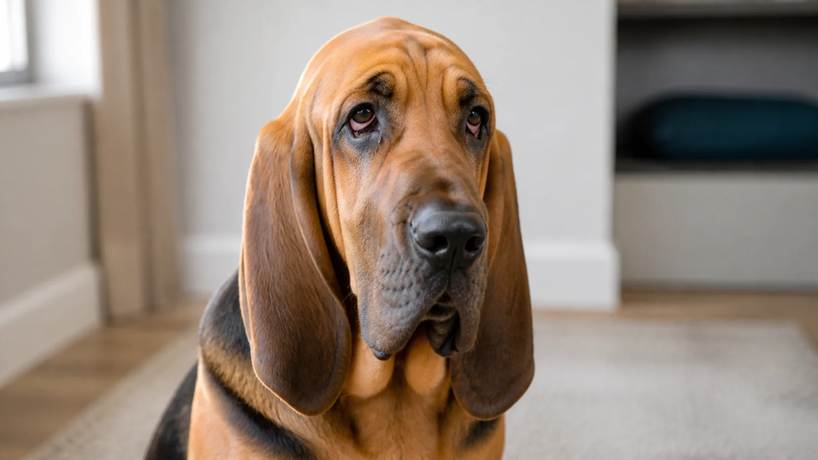 Bloodhound sitting indoors, showing subtle signs of lower eyelid looseness or mild eye irritation.