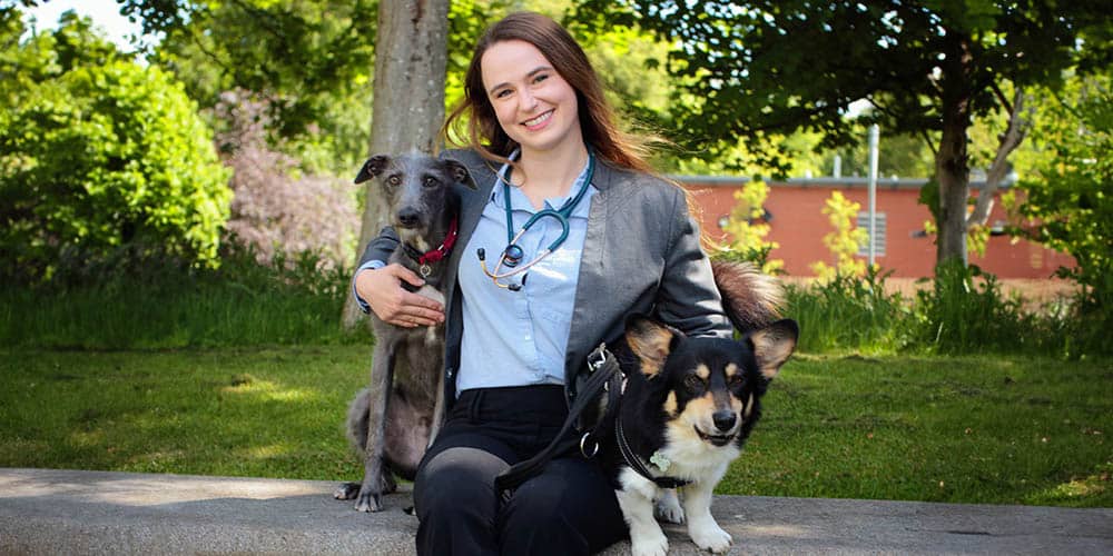A vet sitting on a bench in a park smiles while holding two dogs, one on each side. She is wearing a blue shirt, blazer, and a stethoscope around her neck. Trees and a brick building are visible in the background.