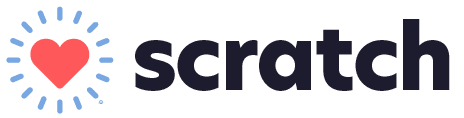 Logo for Scratch featuring a red heart surrounded by rays on the left, symbolizing care and compassion akin to a veterinarian's touch, with the word "scratch" in lowercase dark blue letters on the right.