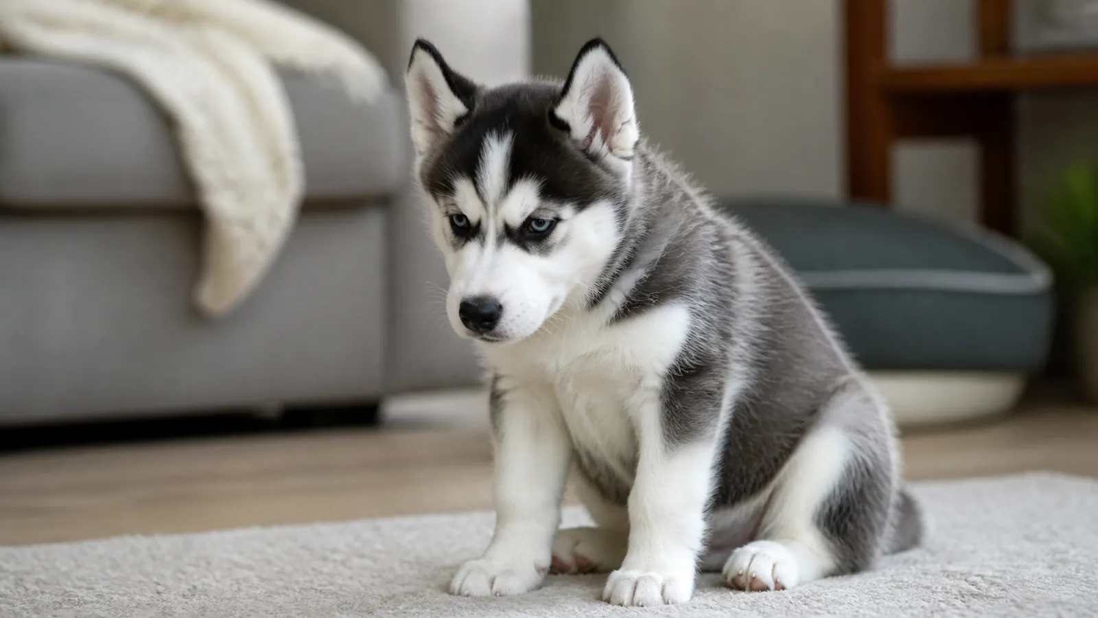 Husky puppy sitting indoors in a comfortable home environment, appearing slightly lethargic or resting quietly.